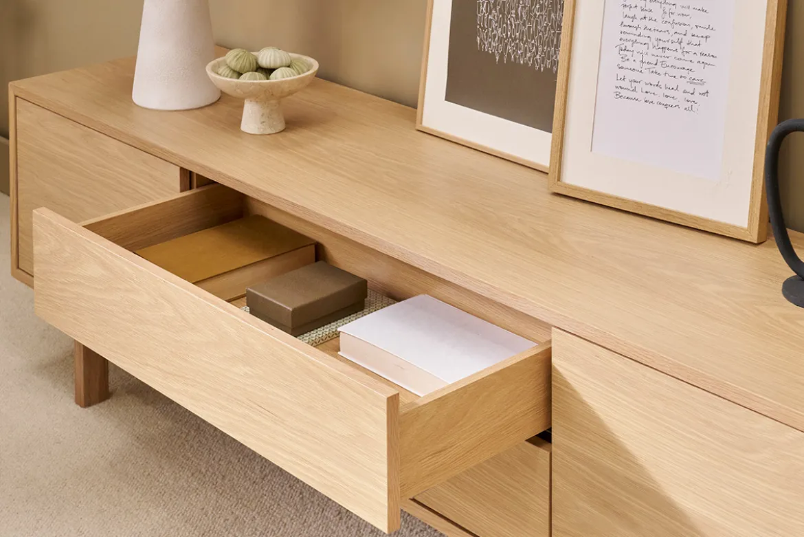 Meuble TV scandinave bois clair chêne 2 portes 2 tiroirs L180cm SID