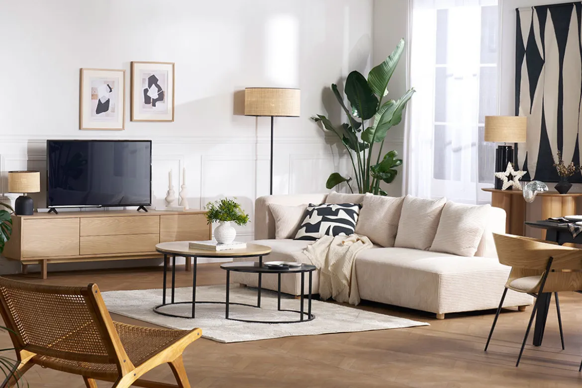 Meuble TV scandinave bois clair chêne 2 portes 2 tiroirs L180cm SID