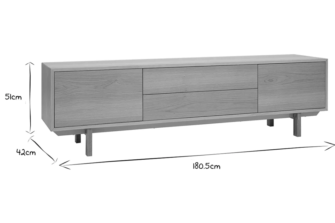 Meuble TV scandinave bois clair chêne 2 portes 2 tiroirs L180cm SID
