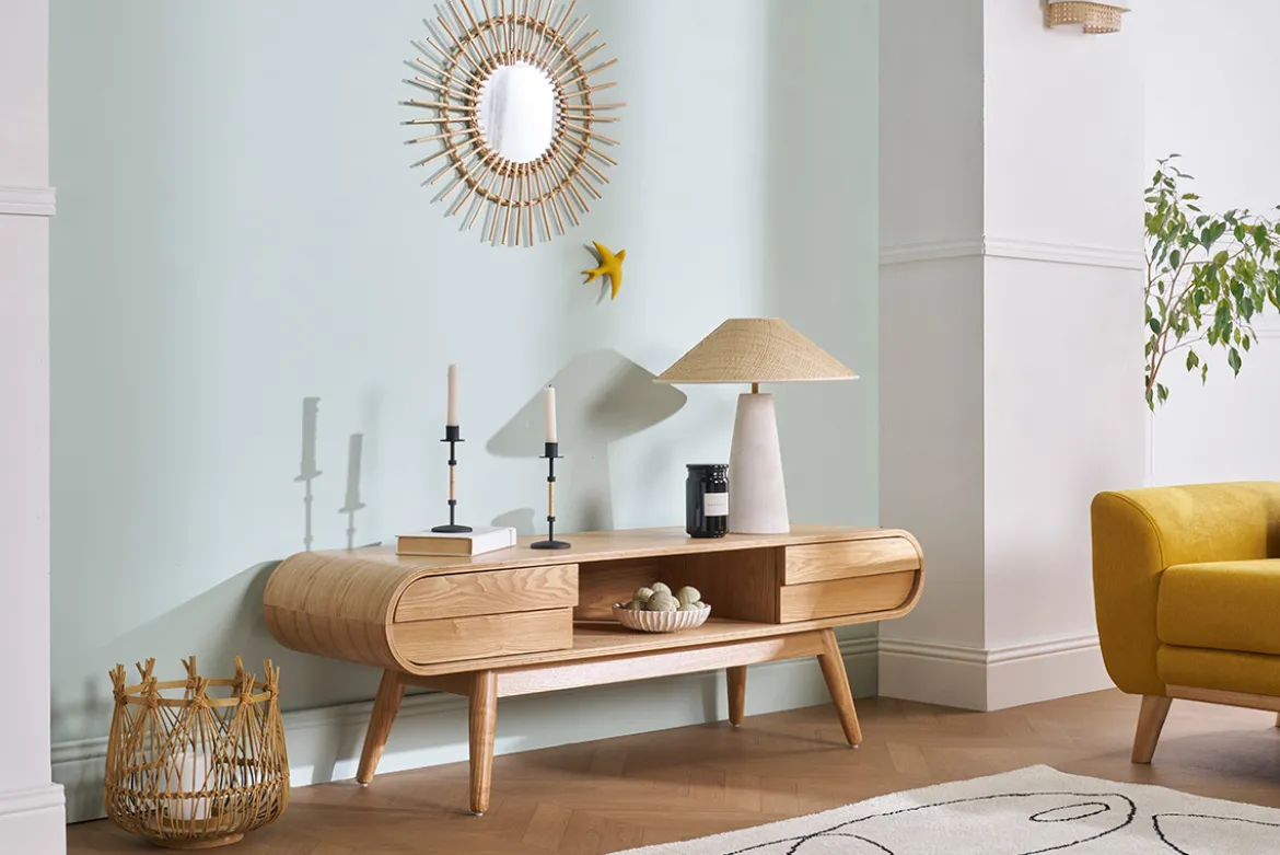 Meuble TV scandinave en bois clair 2 tiroirs L150 cm BALTIK