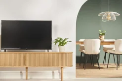 Meuble TV vintage bois clair chêne avec rangements 2 portes coulissantes L180 cm EPIC