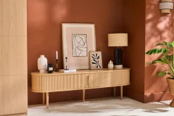 Meuble TV vintage bois clair chêne avec rangements 2 portes coulissantes L180 cm EPIC