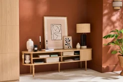 Meuble TV vintage bois clair chêne avec rangements 2 portes coulissantes L180 cm EPIC