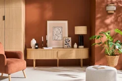 Meuble TV vintage bois clair chêne avec rangements 2 portes coulissantes L180 cm EPIC