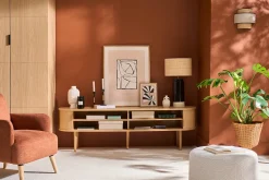 Meuble TV vintage bois clair chêne avec rangements 2 portes coulissantes L180 cm EPIC