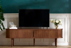 Meuble TV vintage bois foncé noyer avec rangements 2 portes coulissantes L180 cm EPIC
