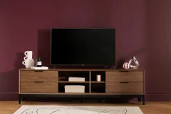 Meuble TV vintage finition bois foncé noyer et métal noir avec rangements L180 cm SARTO