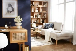 Méridienne scandinave en tissu effet velours texturé beige et bois clair BERTILLE