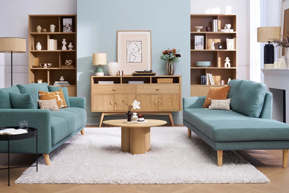 Méridienne scandinave en tissu vert de gris et bois clair massif L190 cm BERTILLE