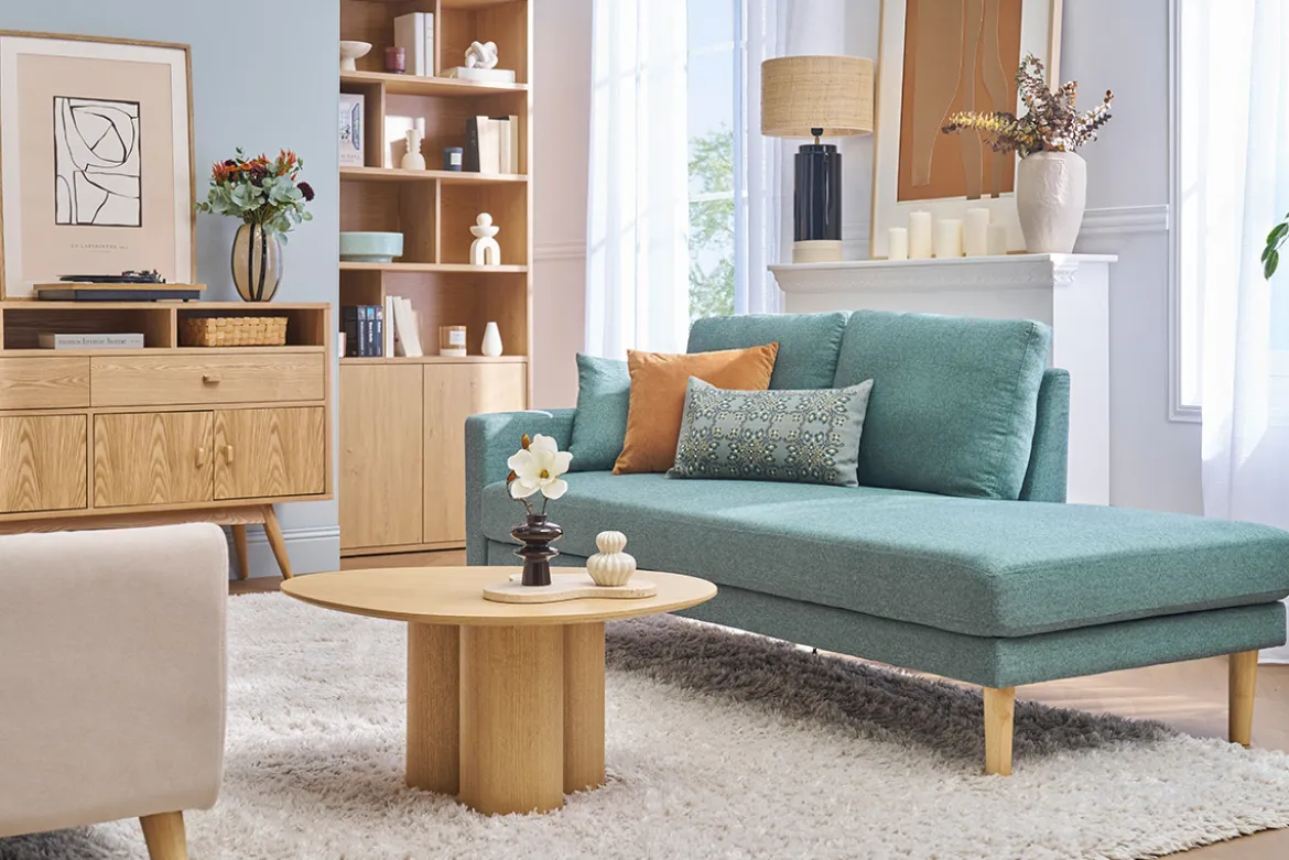 Méridienne scandinave en tissu vert de gris et bois clair massif L190 cm BERTILLE