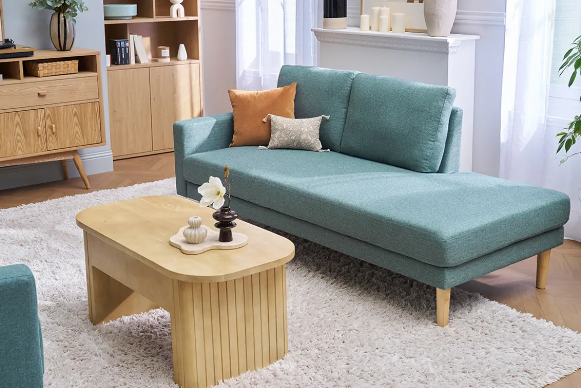 Méridienne scandinave en tissu vert de gris et bois clair massif L190 cm BERTILLE