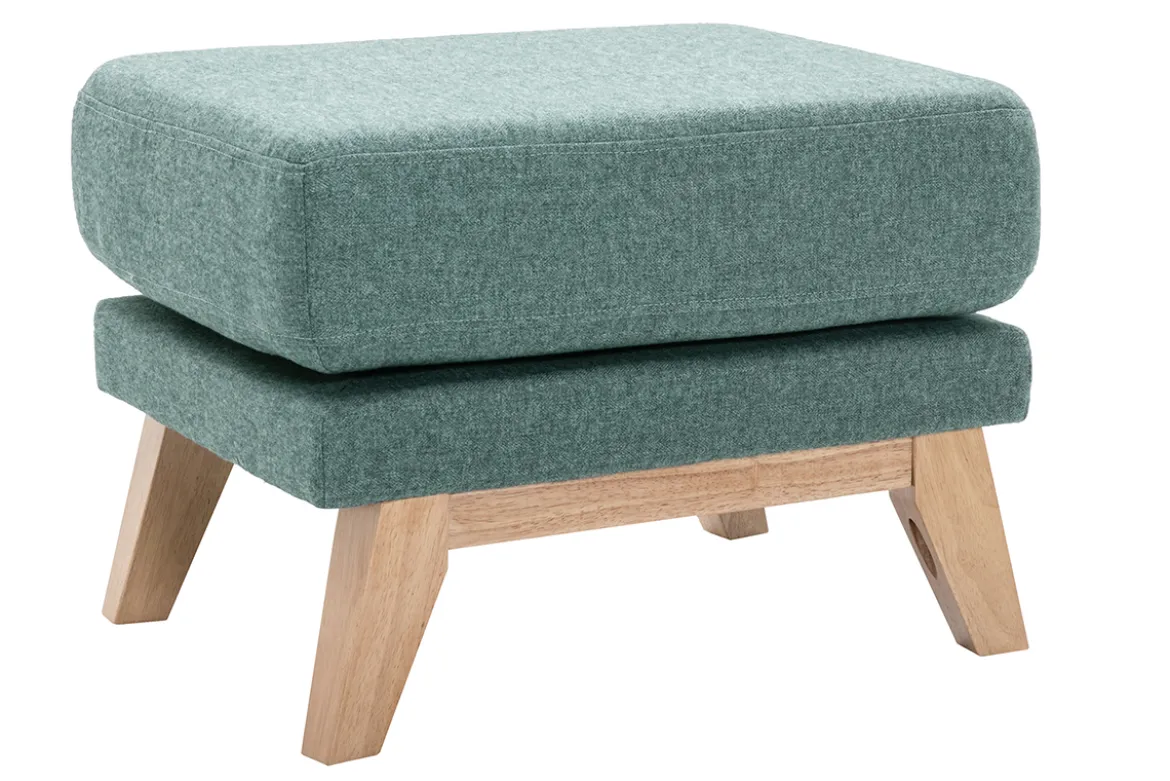Pouf repose-pieds déhoussable scandinave en tissu vert de gris et bois clair OSLO