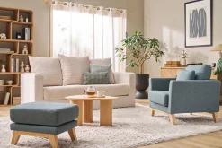 Pouf repose-pieds déhoussable scandinave en tissu vert de gris et bois clair OSLO