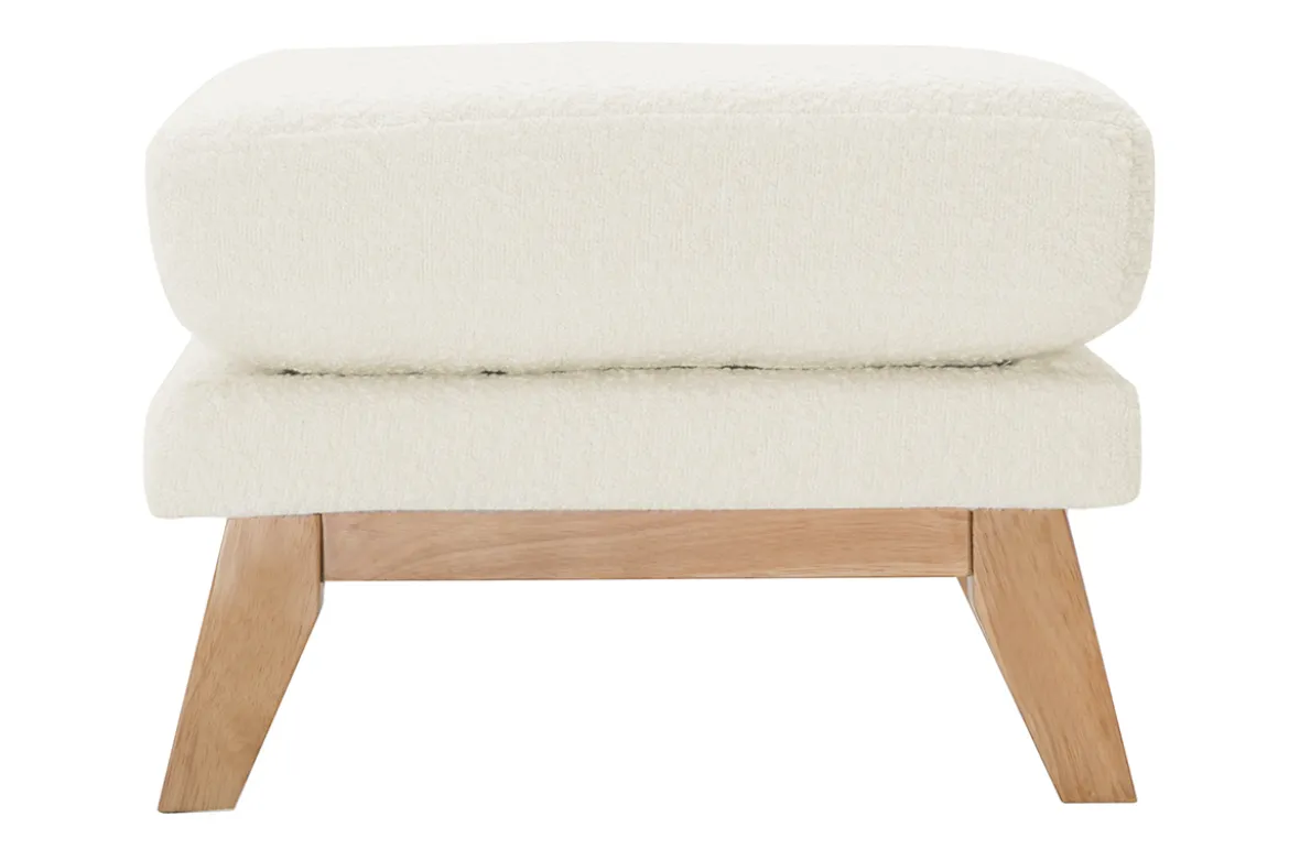 Pouf repose-pieds déhoussable scandinave en tissu effet laine bouclée blanc cassé et bois clair OSLO