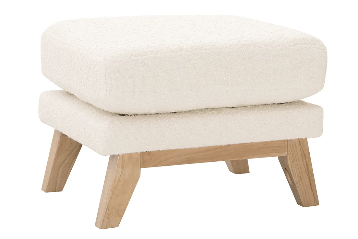 Pouf repose-pieds déhoussable scandinave en tissu effet laine bouclée blanc cassé et bois clair OSLO