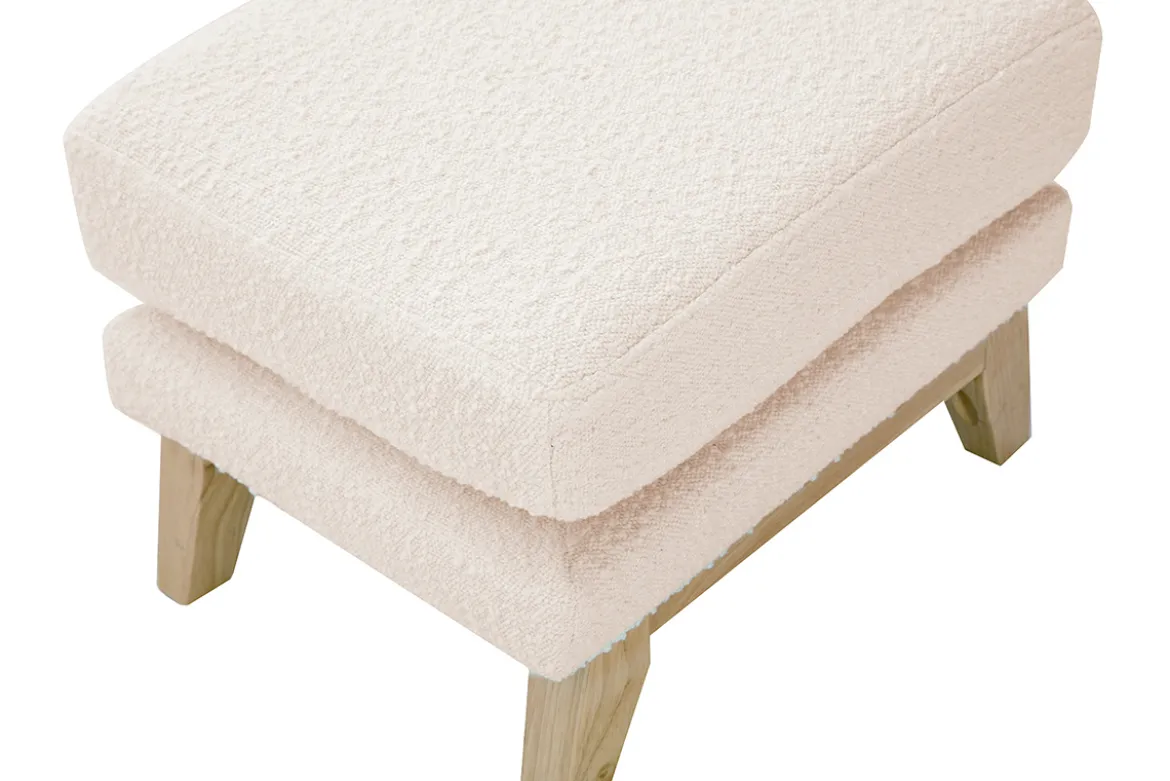Pouf repose-pieds déhoussable scandinave en tissu effet laine bouclée blanc cassé et bois clair OSLO