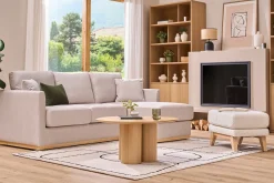 Pouf repose-pieds déhoussable scandinave en tissu effet laine bouclée blanc cassé et bois clair OSLO
