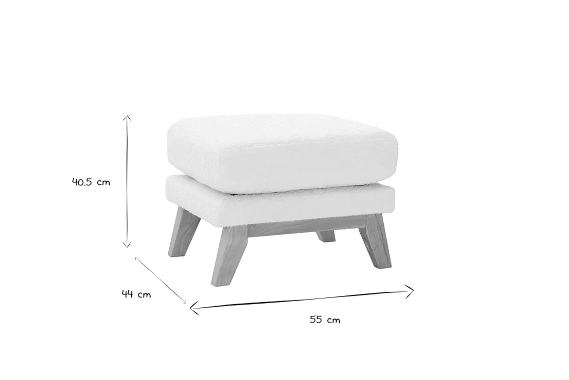 Pouf repose-pieds déhoussable scandinave en tissu effet laine bouclée blanc cassé et bois clair OSLO