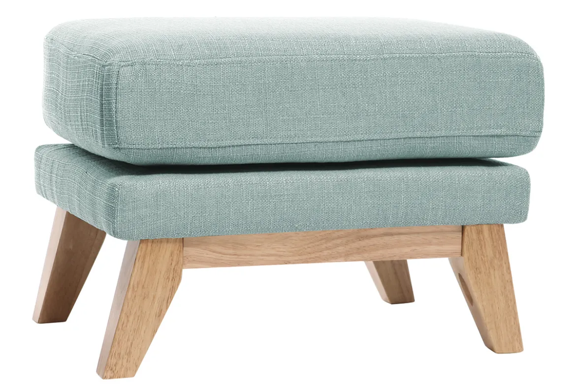 Pouf repose-pieds déhoussable scandinave en tissu vert lagon et bois clair OSLO