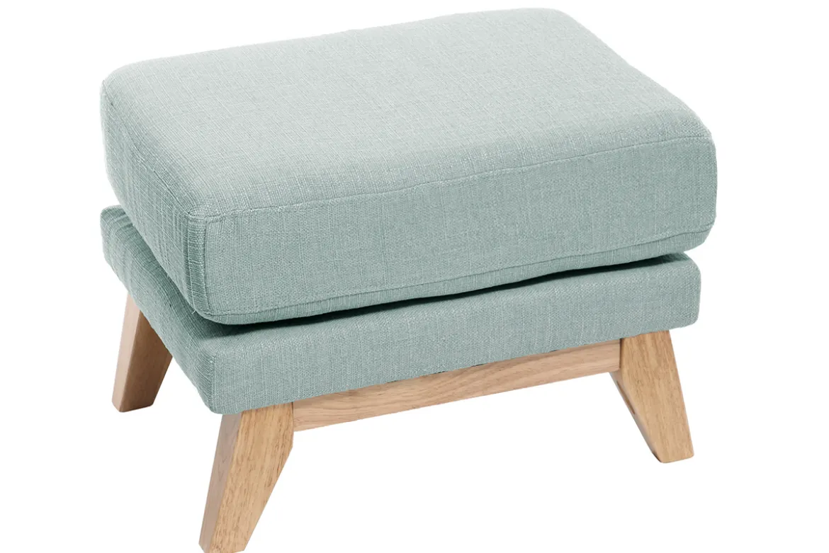 Pouf repose-pieds déhoussable scandinave en tissu vert lagon et bois clair OSLO