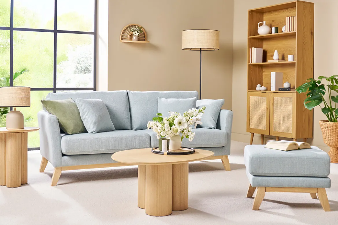 Pouf repose-pieds déhoussable scandinave en tissu vert lagon et bois clair OSLO