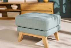 Pouf repose-pieds déhoussable scandinave en tissu vert lagon et bois clair OSLO
