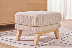 Pouf repose-pieds déhoussable scandinave en tissu velours côtelé beige et bois clair OSLO