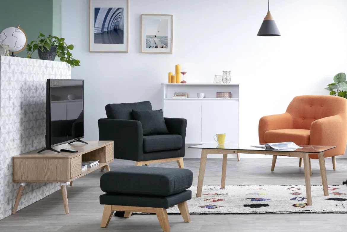 Pouf repose-pieds déhoussable scandinave en tissu gris foncé et bois clair OSLO