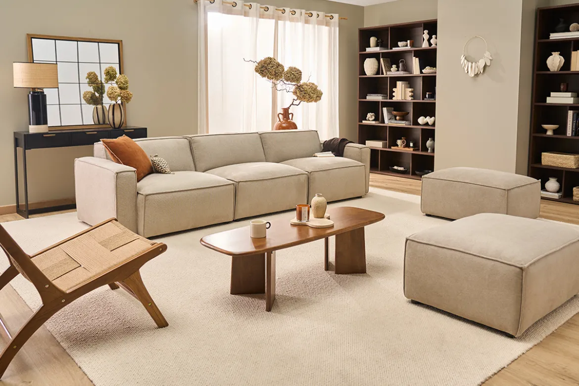Pouf repose pieds en tissu chenille beige SPLIT
