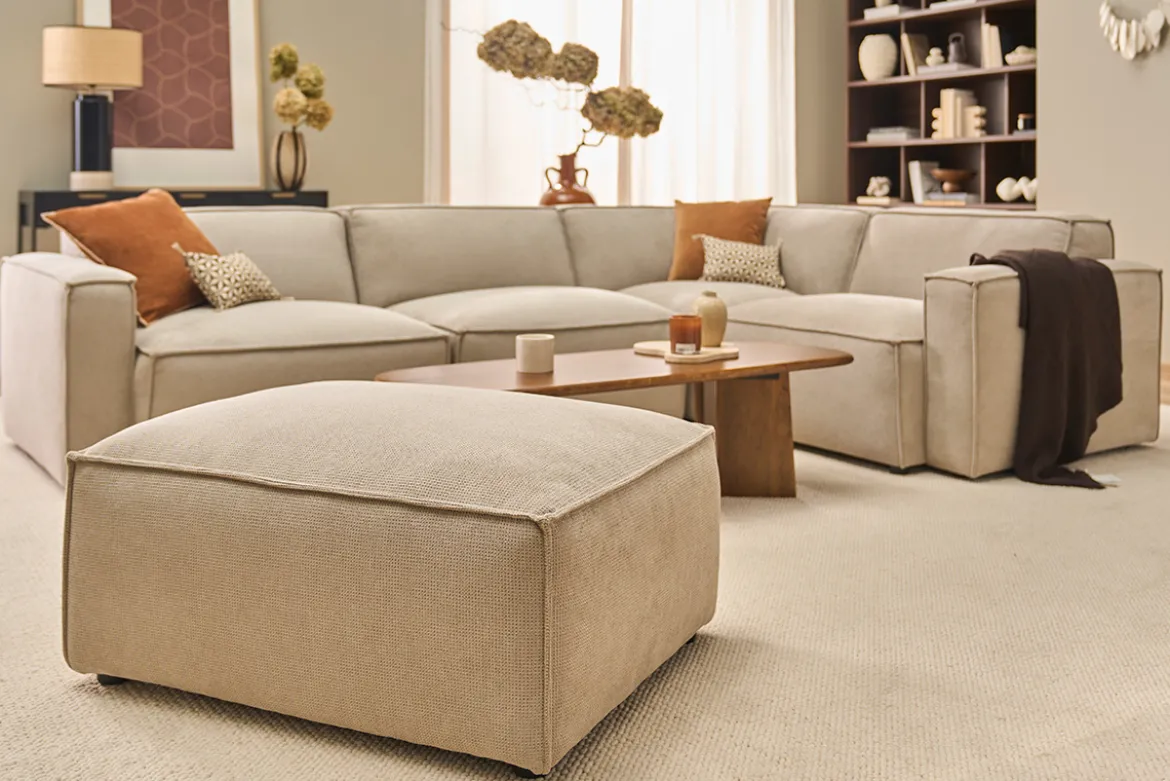 Pouf repose pieds en tissu chenille beige SPLIT