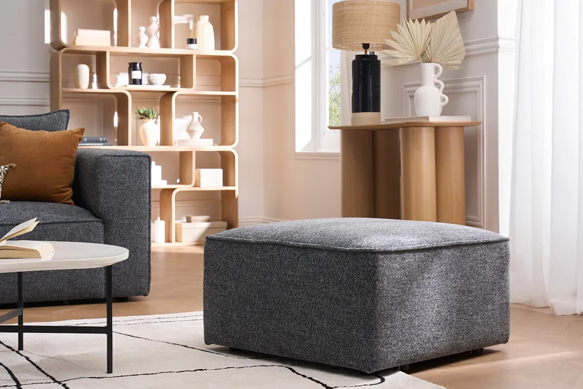 Pouf repose pieds en tissu chiné gris foncé KERRY