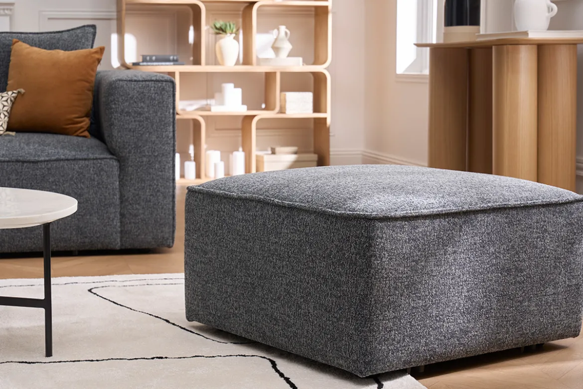 Pouf repose pieds en tissu chiné gris foncé KERRY