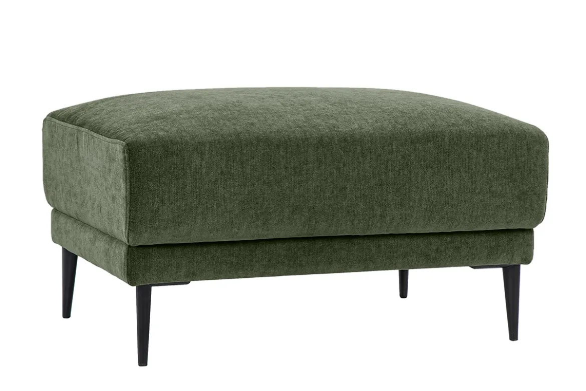 Pouf repose pieds en tissu effet velours vert kaki et métal noir JERRY
