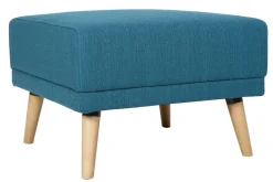 Pouf repose-pieds scandinave en tissu bleu canard et bois clair ULLA