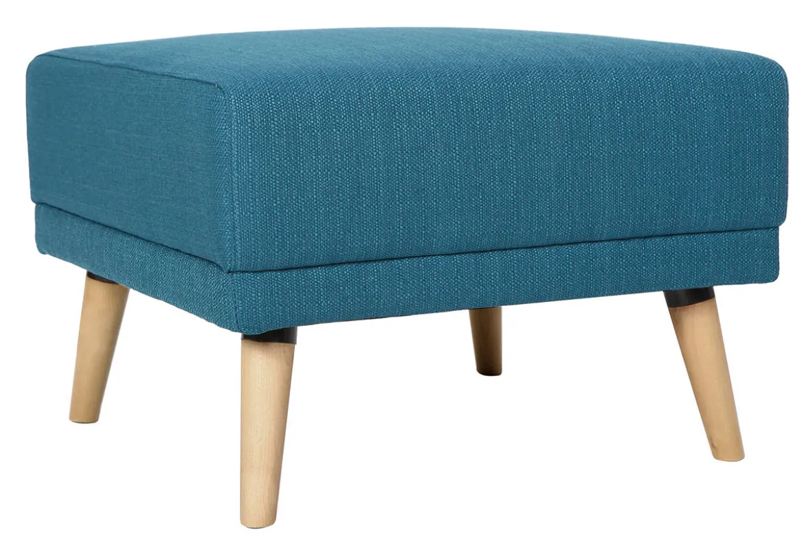 Pouf repose-pieds scandinave en tissu bleu canard et bois clair ULLA