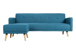Pouf repose-pieds scandinave en tissu bleu canard et bois clair ULLA