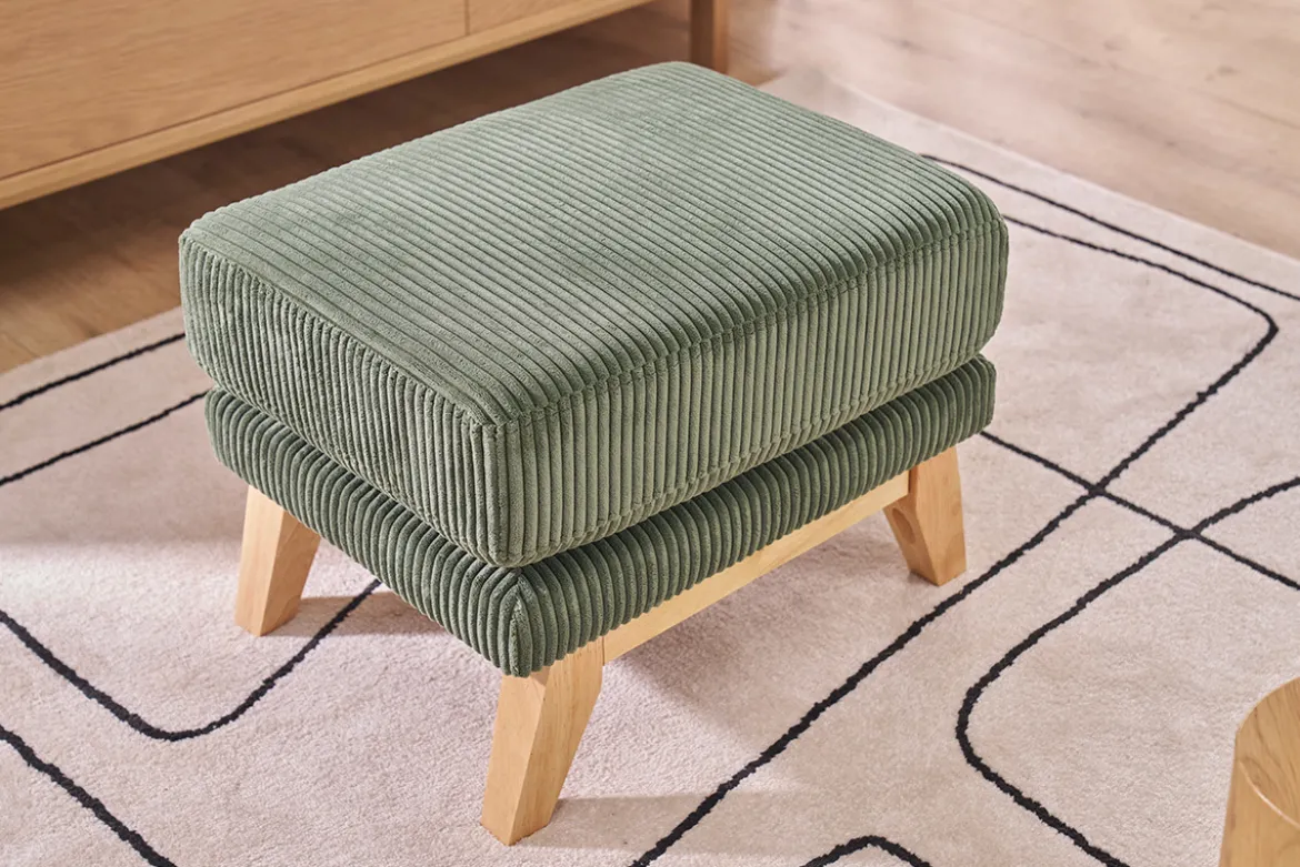 Pouf repose-pieds scandinave en tissu velours côtelé vert kaki et bois clair OSLO