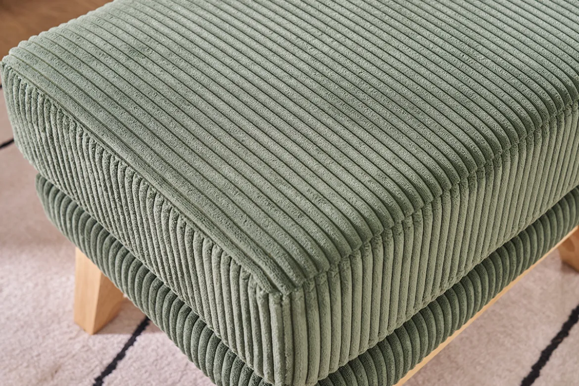 Pouf repose-pieds scandinave en tissu velours côtelé vert kaki et bois clair OSLO