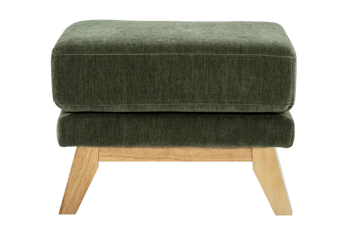 Pouf repose-pieds scandinave en tissu effet velours vert kaki et bois clair OSLO