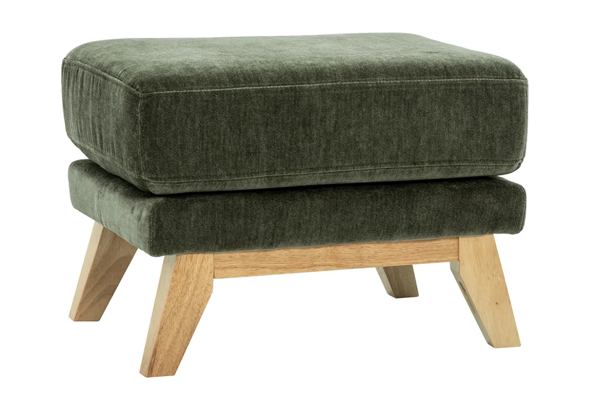 Pouf repose-pieds scandinave en tissu effet velours vert kaki et bois clair OSLO