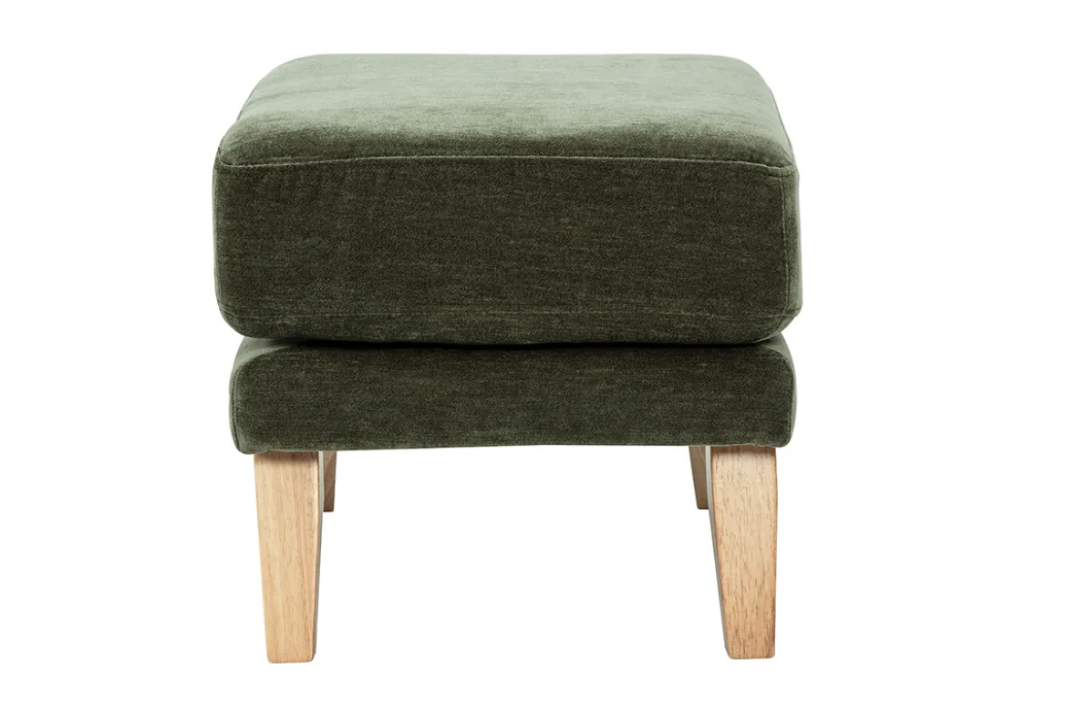 Pouf repose-pieds scandinave en tissu effet velours vert kaki et bois clair OSLO