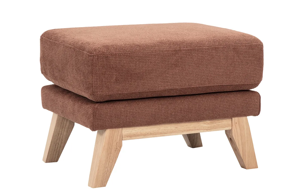 Pouf repose-pieds scandinave en tissu chenille terre brûlée et bois clair OSLO