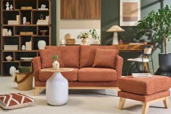 Pouf repose-pieds scandinave en tissu chenille terre brûlée et bois clair OSLO