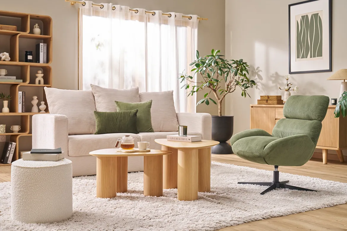 Pouf rond en tissu effet laine bouclée blanc D40 cm PAUL