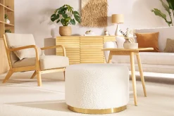Pouf rond en tissu effet laine bouclée blanc cassé et métal doré D54 cm AMAYA