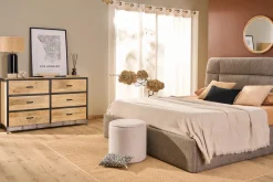 Pouf rond en tissu effet velours texturé beige D40 cm PAUL