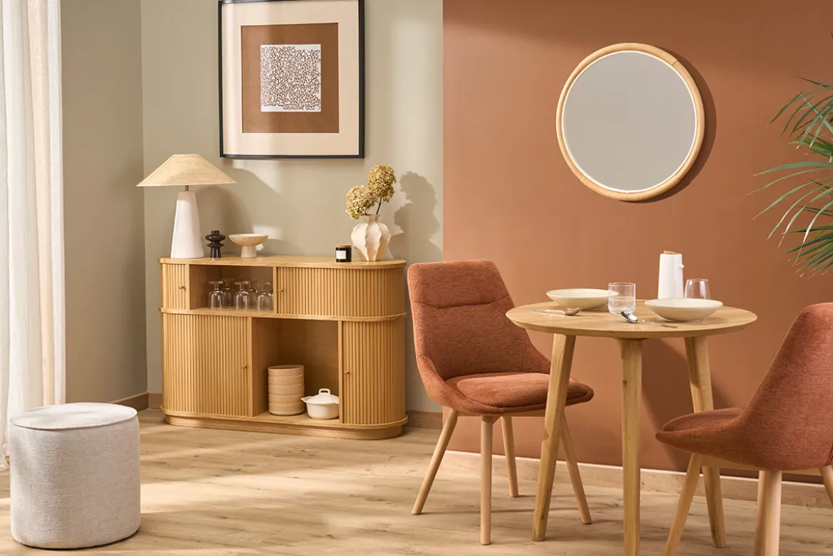 Pouf rond en tissu effet velours texturé beige D40 cm PAUL