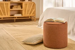 Pouf rond en tissu effet velours texturé terre brûlée D40 cm PAUL