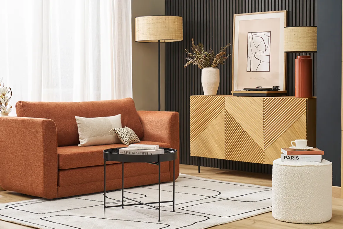 Pouf rond en tissu effet velours texturé terracotta D40 cm PAUL