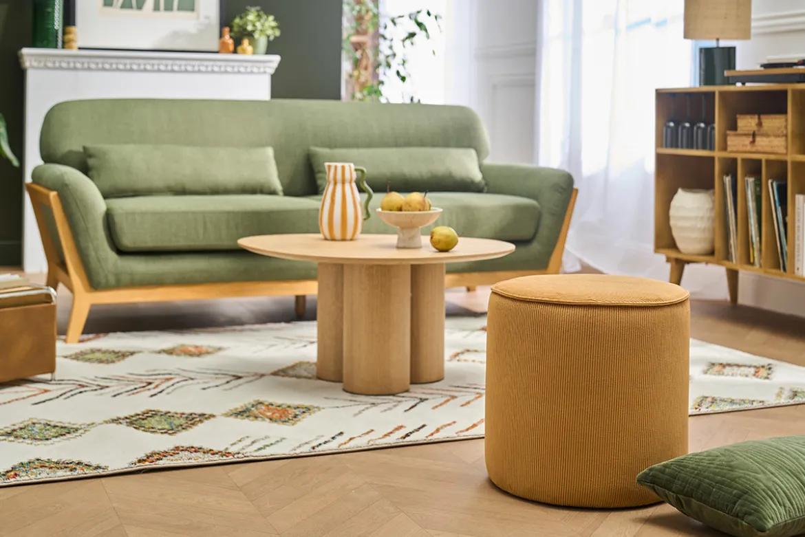 Pouf rond en tissu velours côtelé jaune curry D40 cm PAUL
